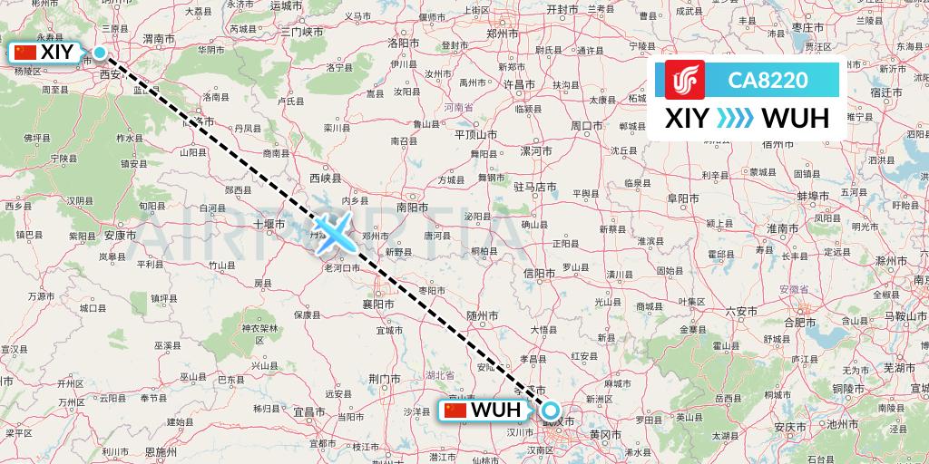 CA8220 Air China Flight Map: Xi'an to Wuhan