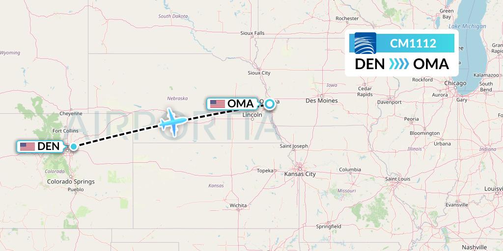 CM1112 Copa Airlines Flight Map: Denver to Omaha