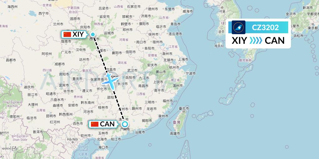 CZ3202 China Southern Airlines Flight Map: Xi'an to Guangzhou