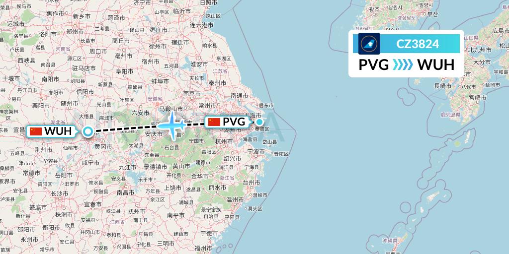 CZ3824 China Southern Airlines Flight Map: Shanghai to Wuhan