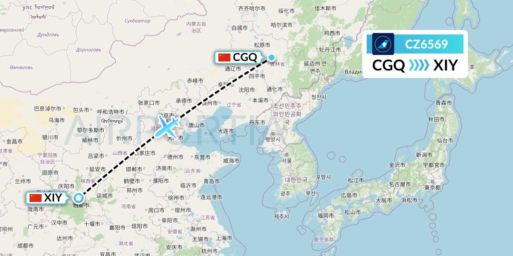 CZ6569 China Southern Airlines Flight Map: Changchun to Xi'an