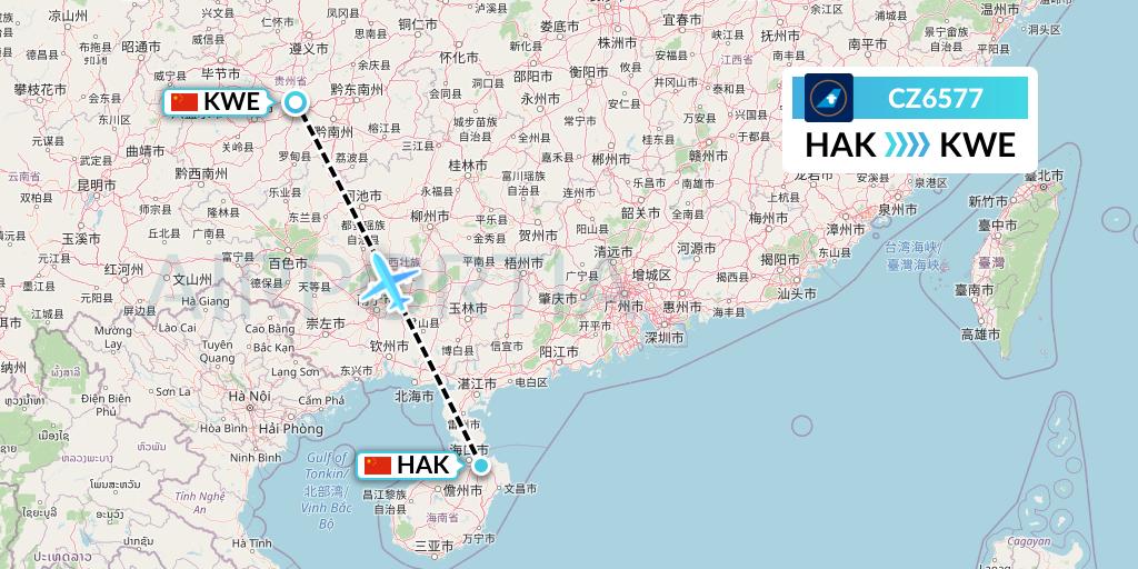 CZ6577 China Southern Airlines Flight Map: Haikou to Guiyang