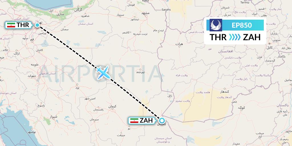 EP850 Iran Aseman Airlines Flight Map: Tehran to Zahedan