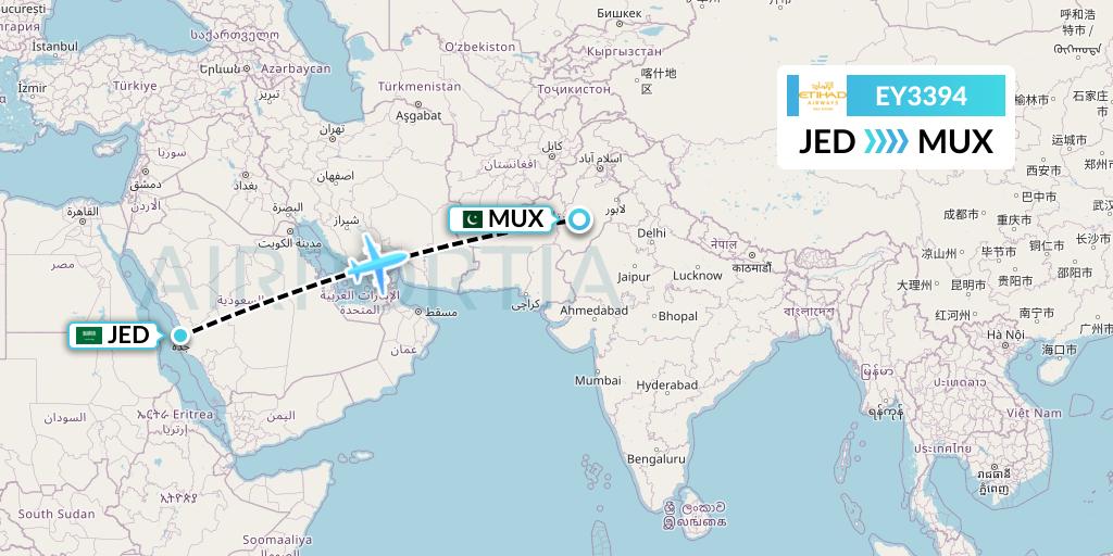 EY3394 Etihad Airways Flight Map: Jeddah to Multan