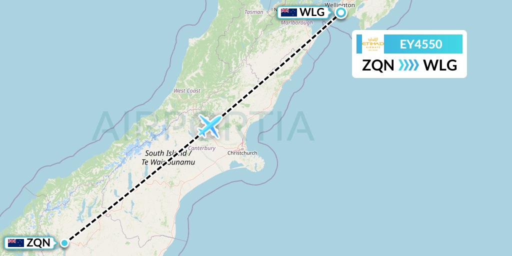 EY4550 Etihad Airways Flight Map: Queenstown to Wellington