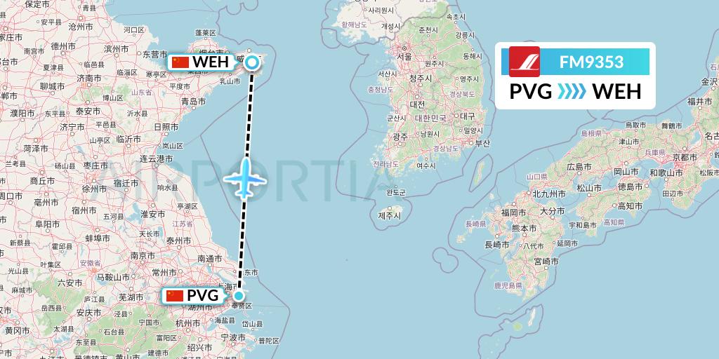 FM9353 Shanghai Airlines Flight Map: Shanghai to Weihai