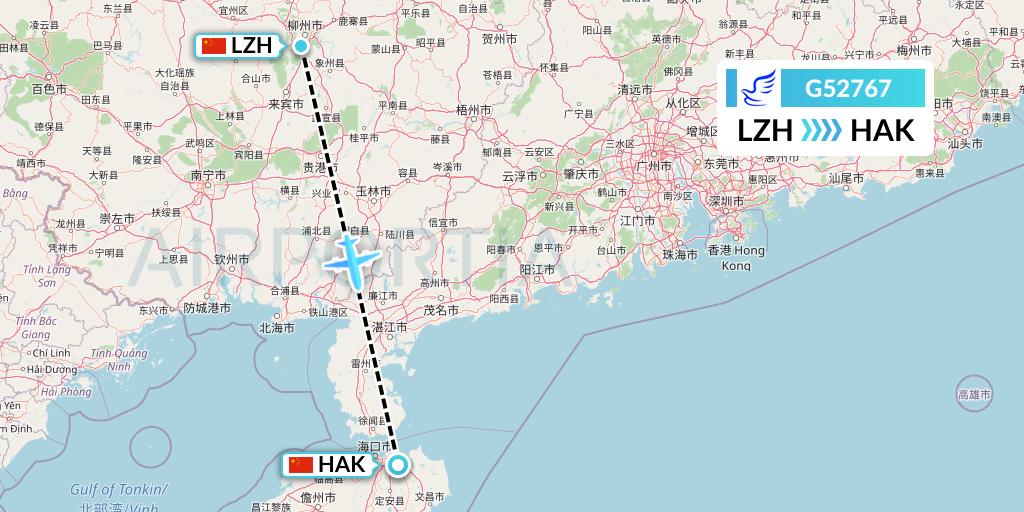 G52767 China Express Airlines Flight Map: Liuzhou to Haikou