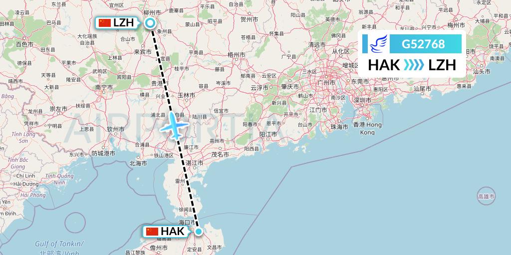 G52768 China Express Airlines Flight Map: Haikou to Liuzhou