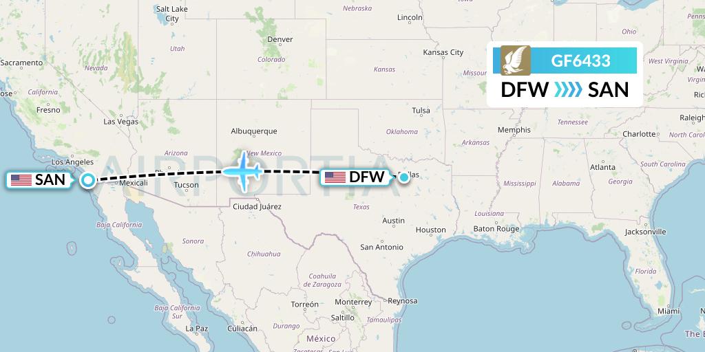 GF6433 Gulf Air Flight Map: Dallas to San Diego