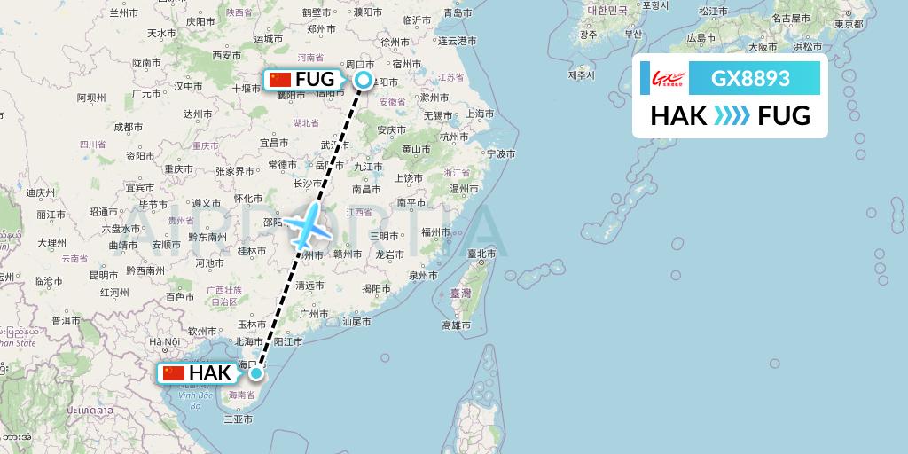 GX8893 GX Airlines Flight Map: Haikou to Fuyang