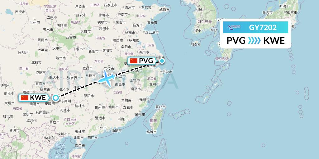 GY7202 Colorful GuiZhou Airlines Flight Map: Shanghai to Guiyang