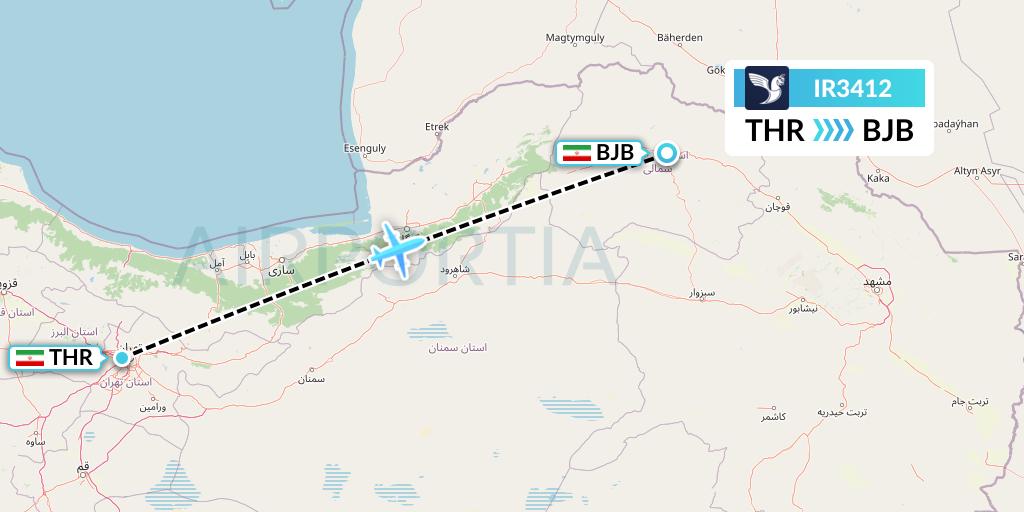 IR3412 Iran Air Flight Map: Tehran to Bojnord