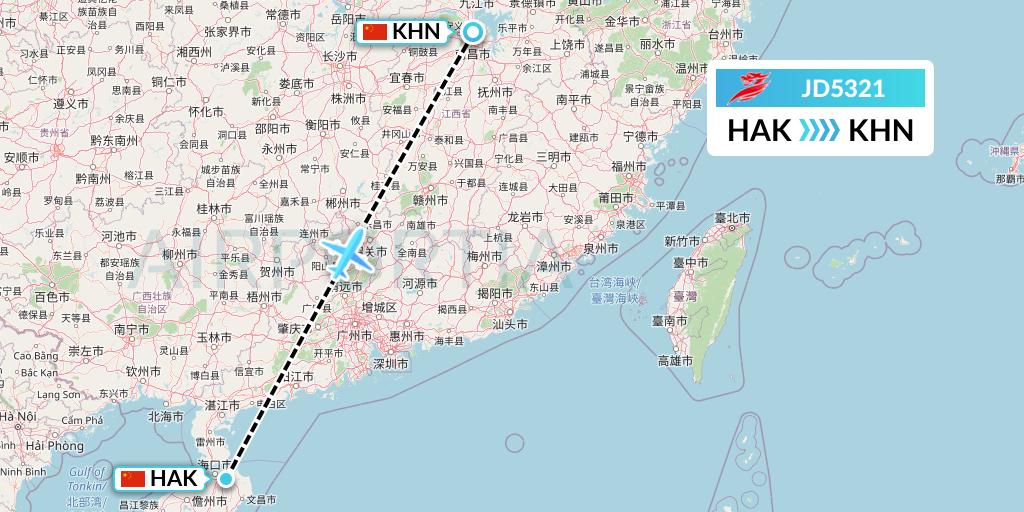 JD5321 Capital Airlines Flight Map: Haikou to Nanchang