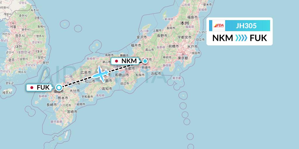 JH305 Fuji Dream Airlines Flight Map: Nagoya to Fukuoka