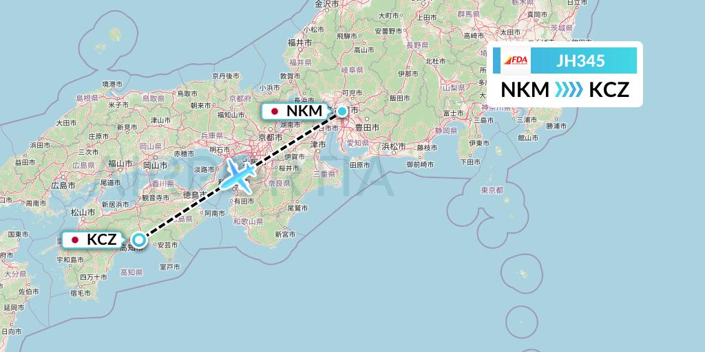 JH345 Fuji Dream Airlines Flight Map: Nagoya to Nankoku