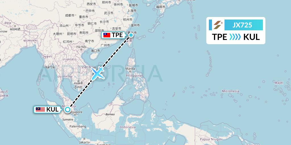 JX725 Starlux Airlines Flight Map: Taipei to Kuala Lumpur