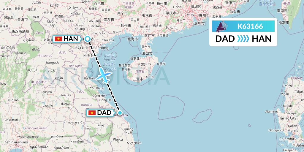 K63166 Cambodia Angkor Air Flight Map: Da Nang to Hanoi
