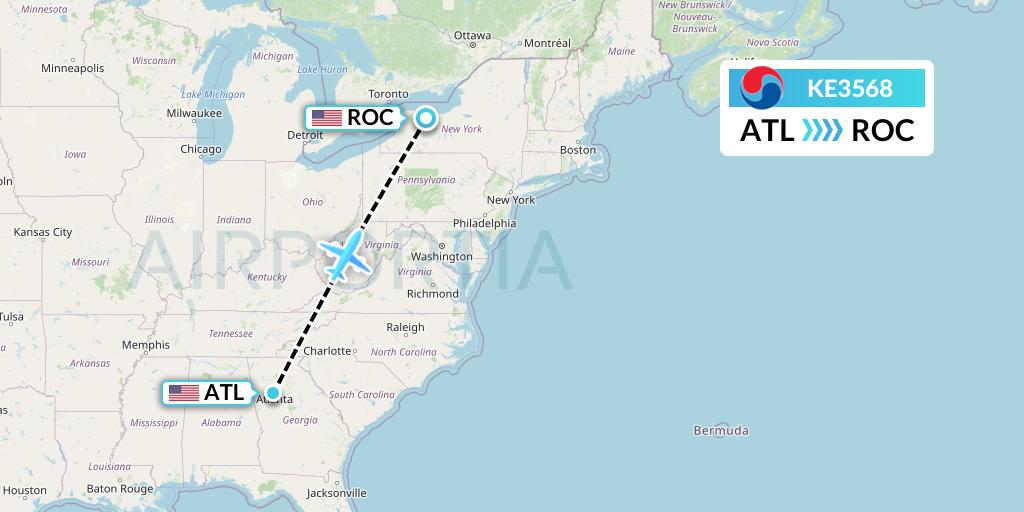 KE3568 Korean Air Flight Map: Atlanta to Rochester