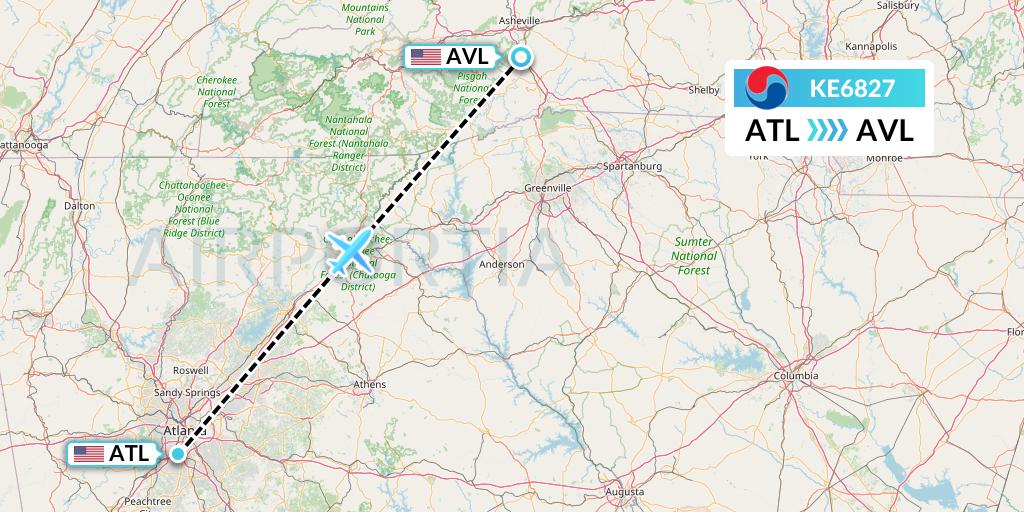 KE6827 Korean Air Flight Map: Atlanta to Asheville