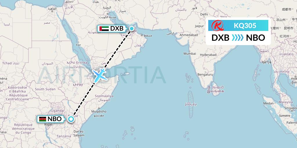 KQ305 Kenya Airways Flight Map: Dubai to Nairobi