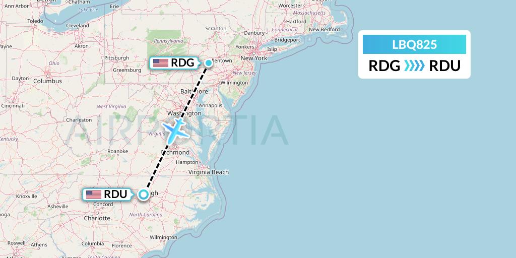 LBQ825 Quest Diagnostics Flight Map: Reading to Raleigh-Durham