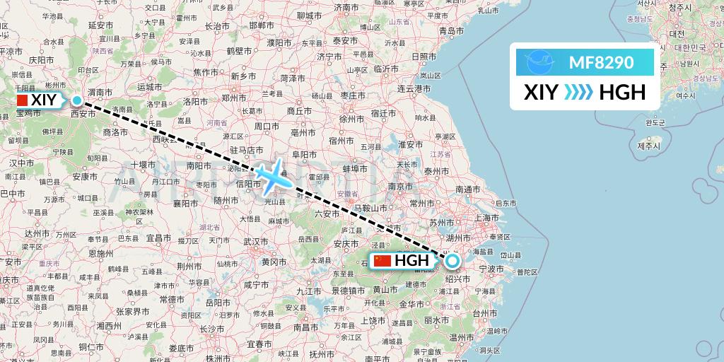 MF8290 Xiamen Airlines Flight Map: Xi'an to Hangzhou