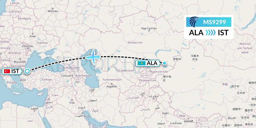 MS9299 EgyptAir Flight Map: Almaty to Istanbul