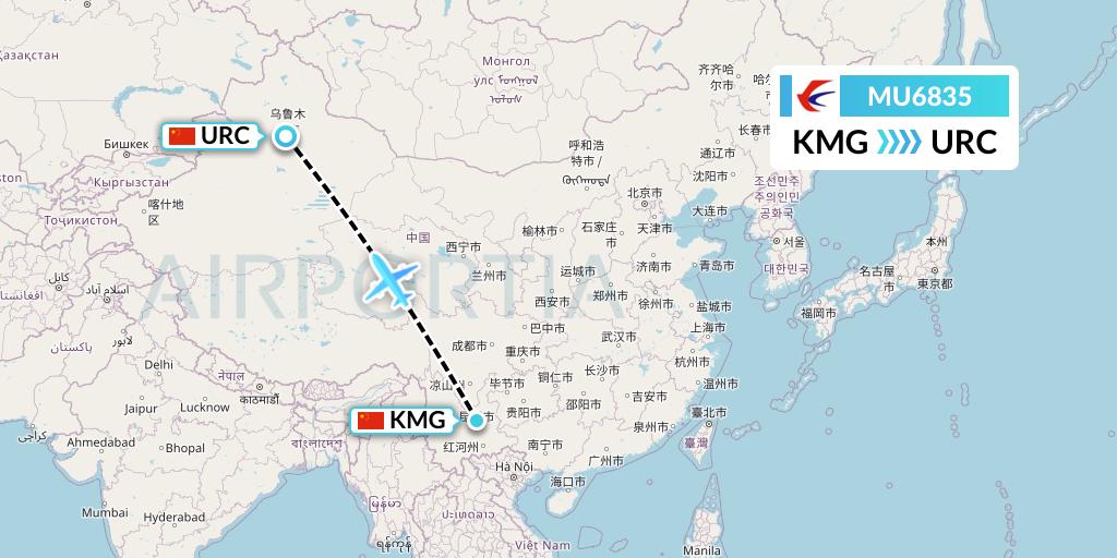 MU6835 China Eastern Airlines Flight Map: Kunming to Urumqi