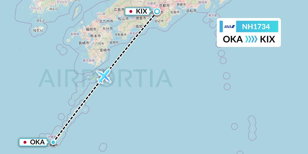 NH1734 All Nippon Airways Flight Map: Naha to Osaka