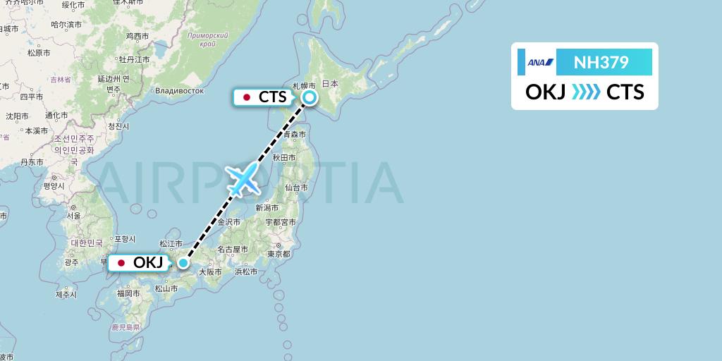 NH379 All Nippon Airways Flight Map: Okayama to Sapporo