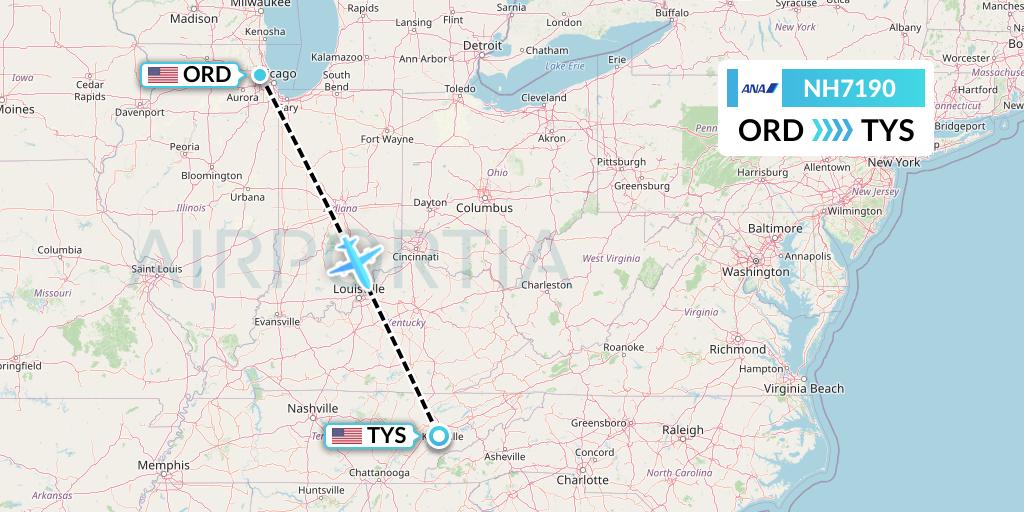 NH7190 All Nippon Airways Flight Map: Chicago to Knoxville