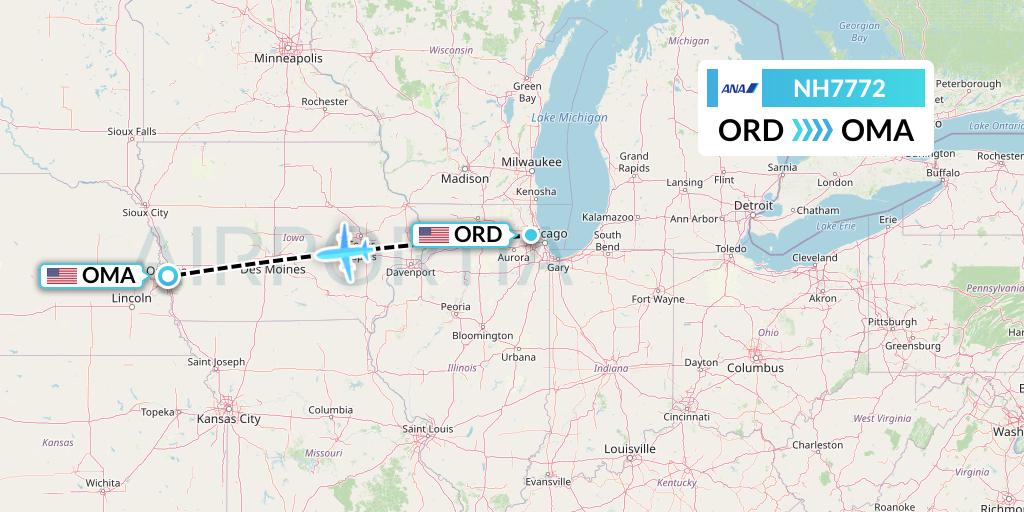 NH7772 All Nippon Airways Flight Map: Chicago to Omaha