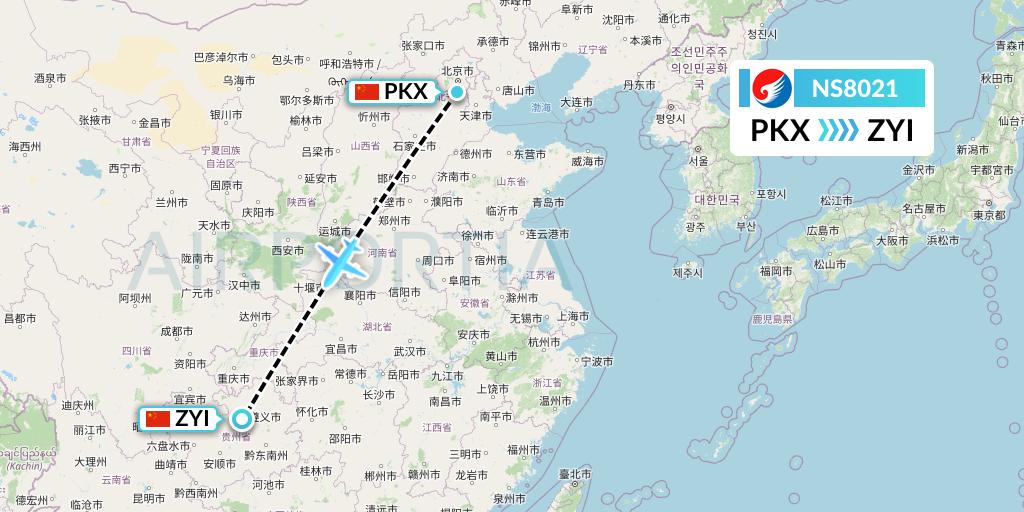 NS8021 Hebei Airlines Flight Map: Beijing to Zunyi