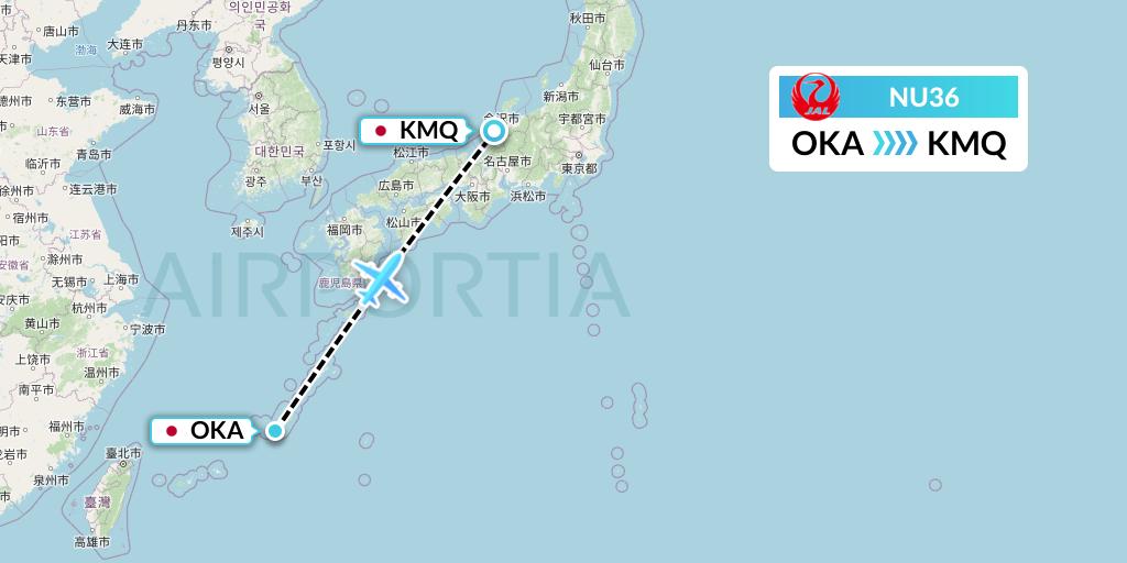 NU36 Japan Transocean Air Flight Map: Naha to Komatsu