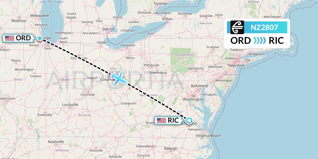 NZ2807 Air New Zealand Flight Map: Chicago to Richmond