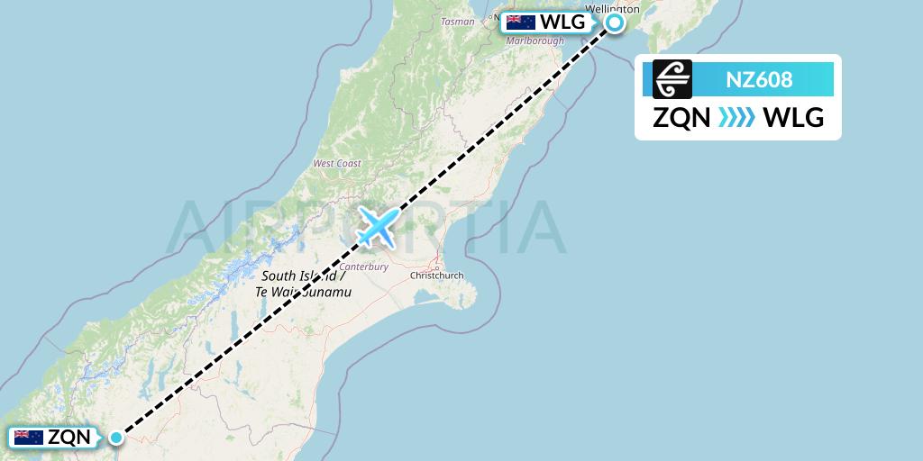 NZ608 Air New Zealand Flight Map: Queenstown to Wellington