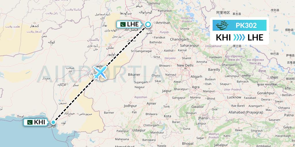 PK302 Pakistan International Airlines Flight Map: Karachi to Lahore