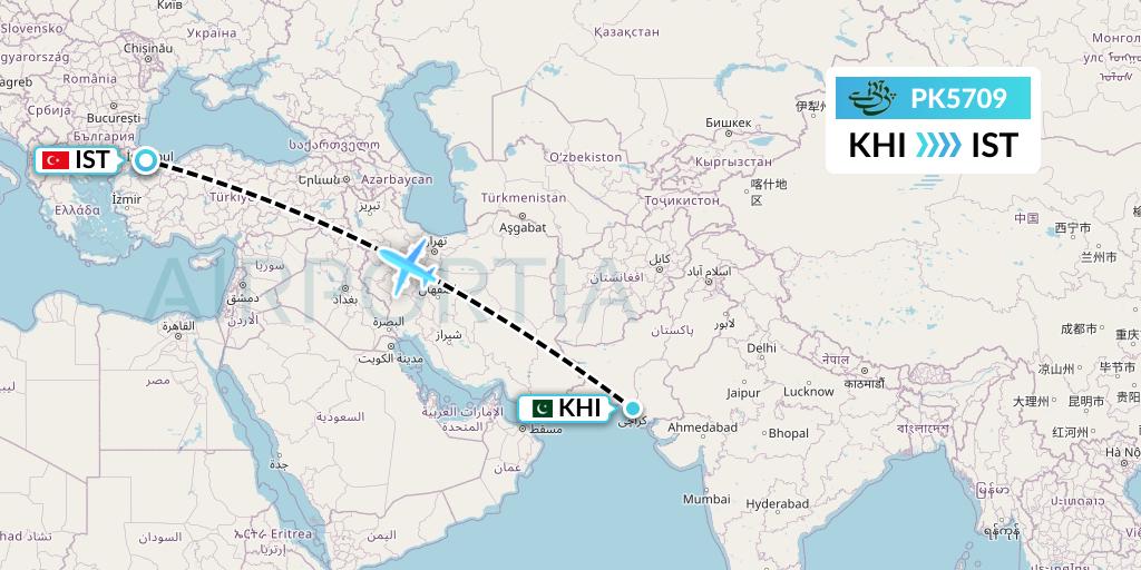 PK5709 Pakistan International Airlines Flight Map: Karachi to Istanbul