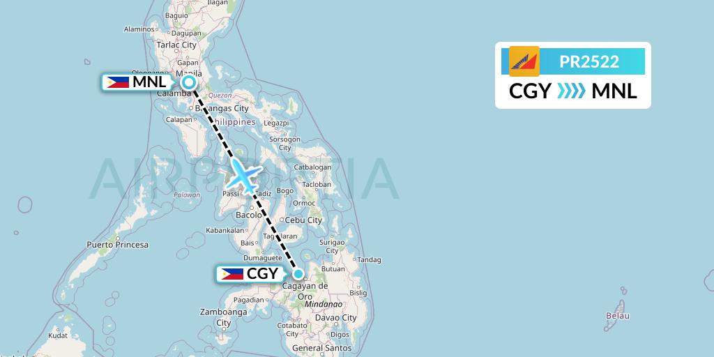 PR2522 Philippine Airlines Flight Map: Cagayan de Oro to Manila