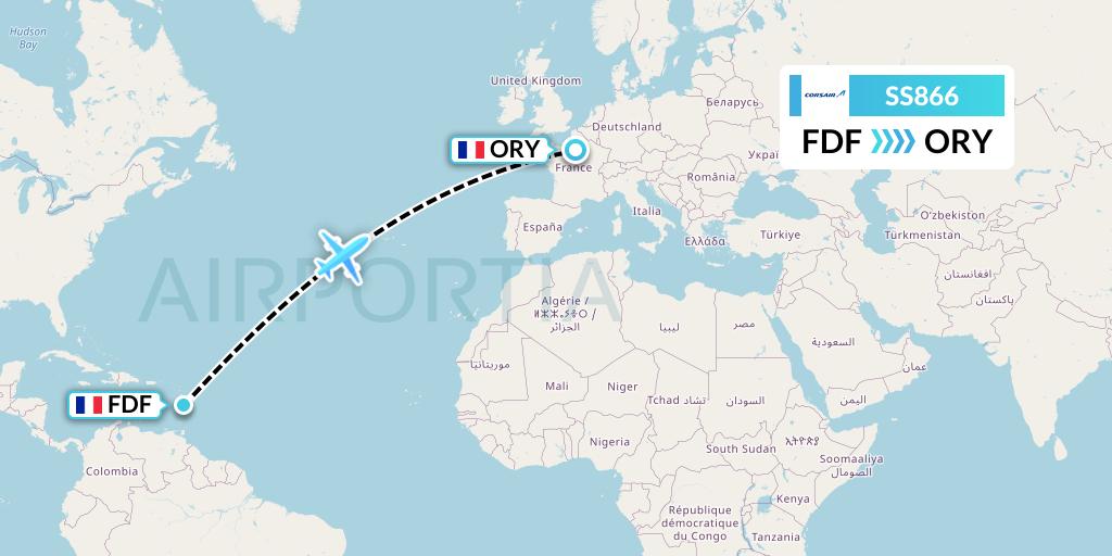 SS866 Corsair Flight Map: Fort-de-France to Paris