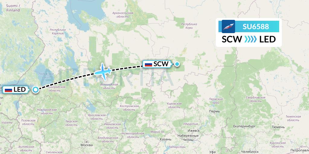 SU6588 Aeroflot Flight Map: Syktyvkar to St. Petersburg