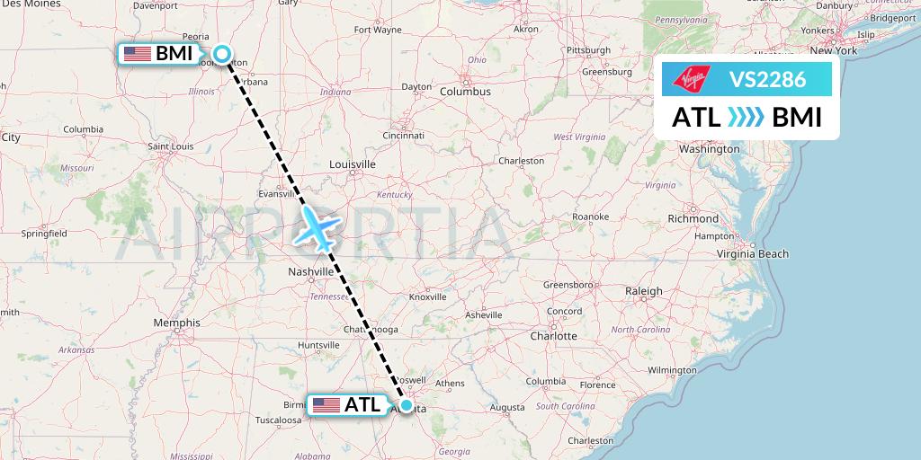 VS2286 Virgin Atlantic Airways Flight Map: Atlanta to Bloomington