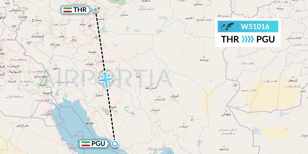 W51016 Mahan Air Flight Map: Tehran to Assaluyeh