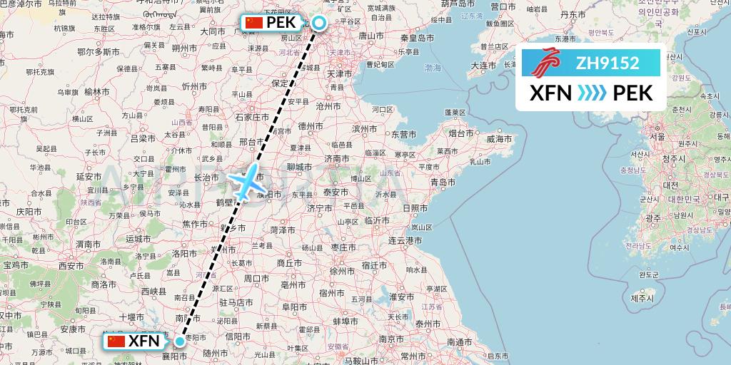 ZH9152 Shenzhen Airlines Flight Map: Xiangyang to Beijing