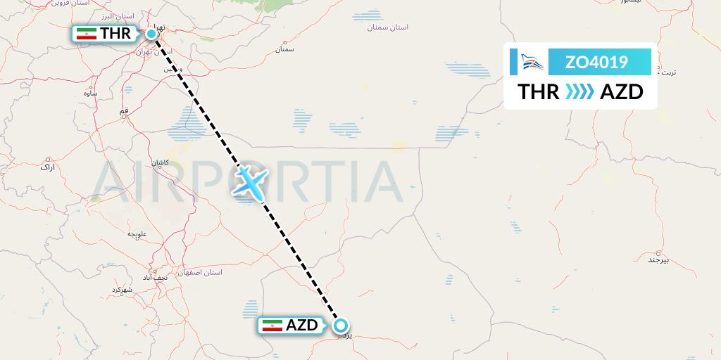 ZO4019 Zagros Airlines Flight Map: Tehran to Yazd