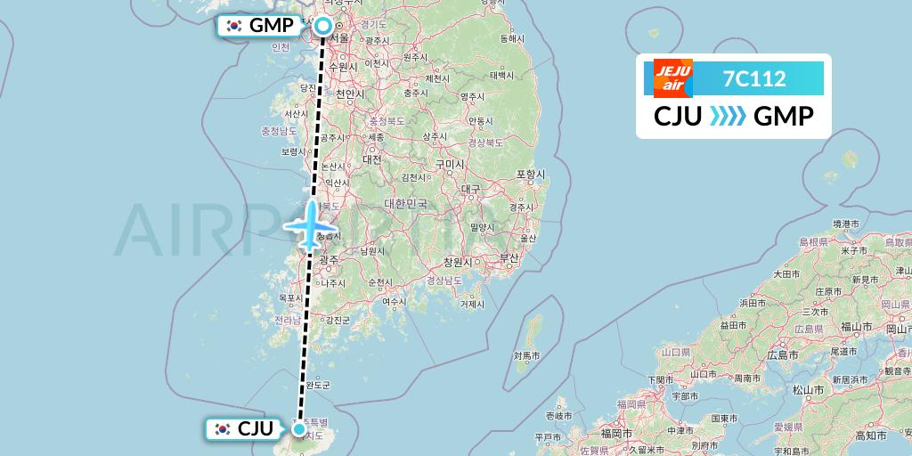 7C112 Jeju Air Flight Map: Jeju to Seoul