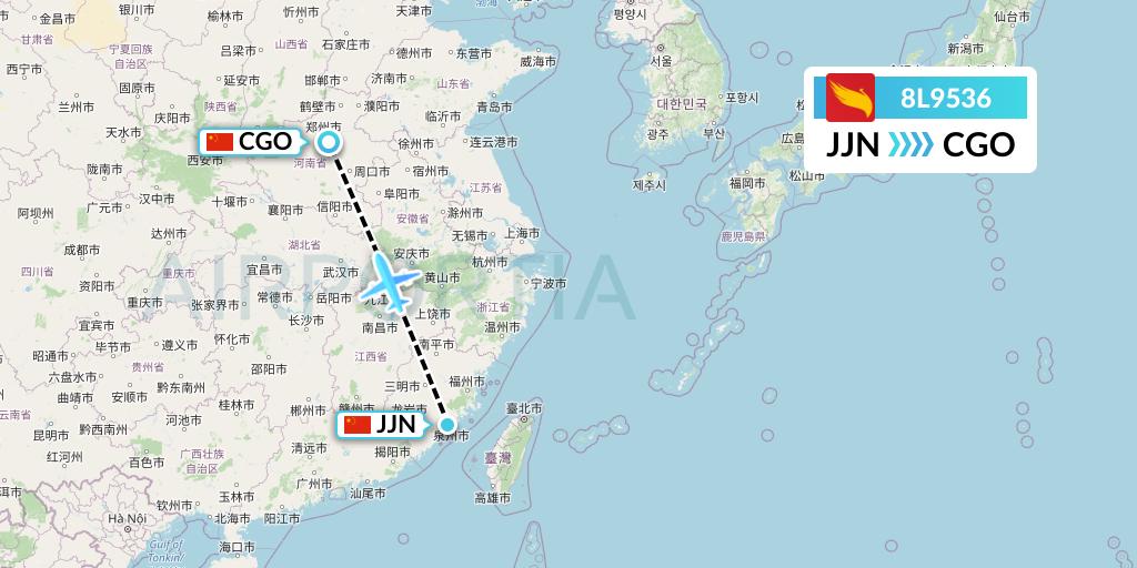 8L9536 Lucky Air Flight Map: Jinjiang to Zhengzhou