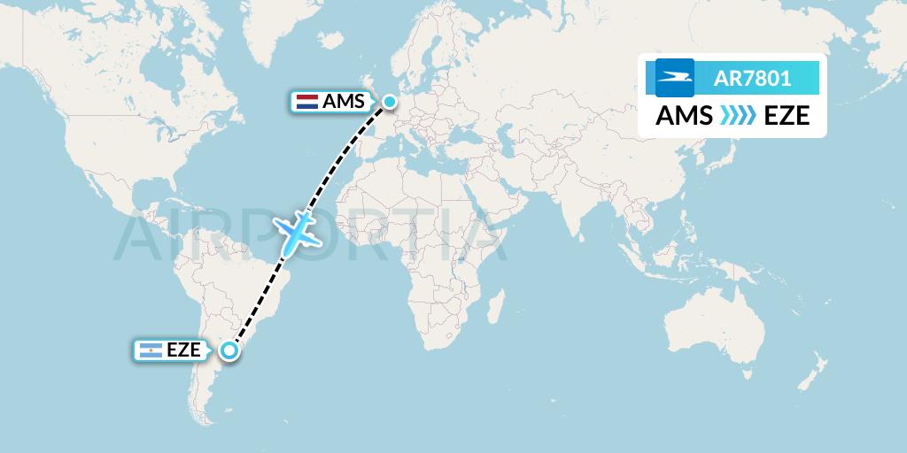AR7801 Aerolineas Argentinas Flight Map: Amsterdam to Buenos Aires