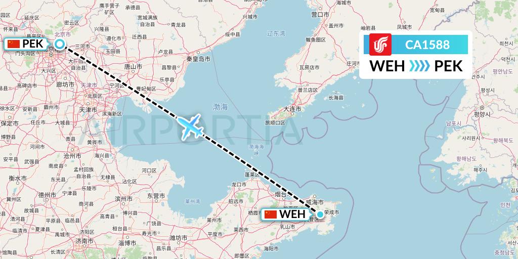 CA1588 Air China Flight Map: Weihai to Beijing