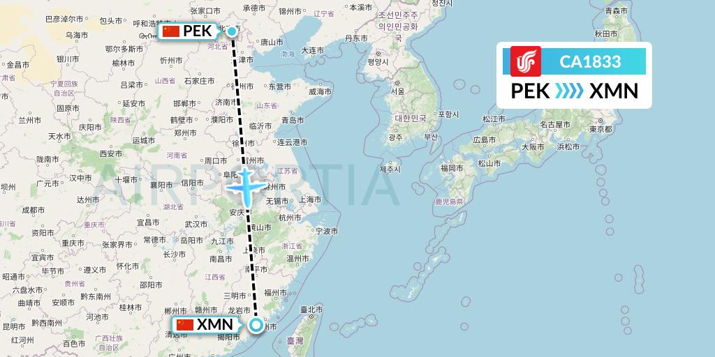 CA1833 Air China Flight Map: Beijing to Xiamen